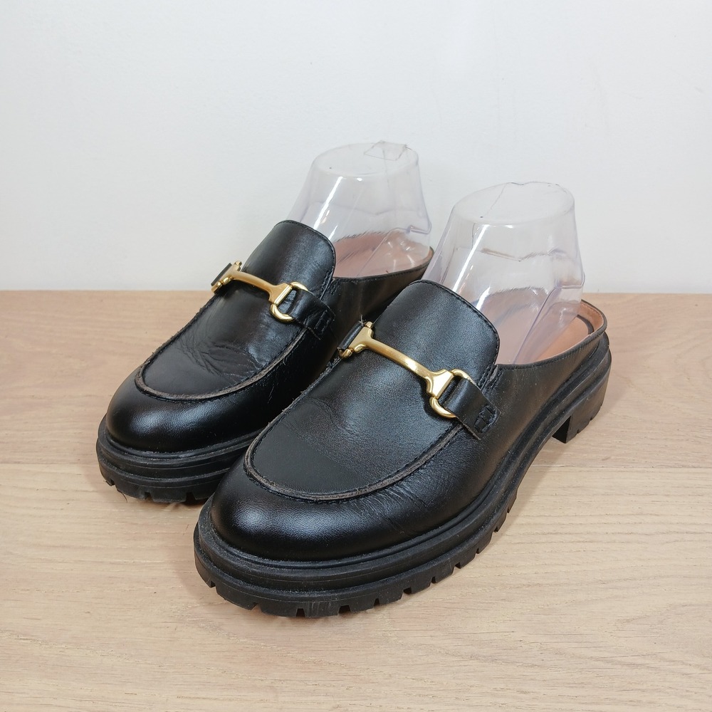 Madewell Mules Women 8 Black Leather Horsebit Lug Sole Platform Loafers Chunky